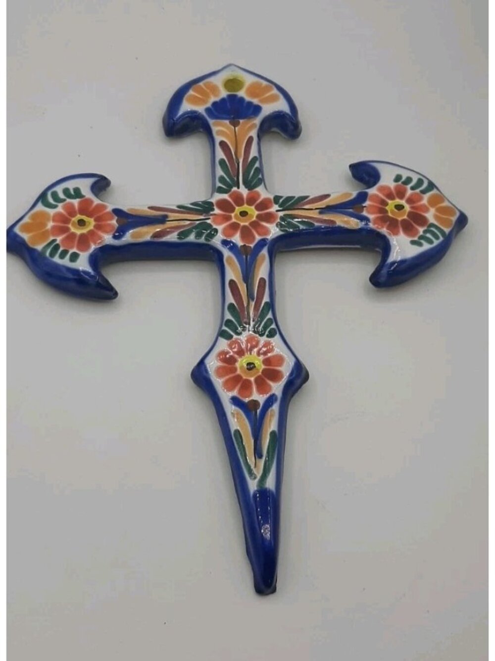 Vtg Talavera Pottery Wall Cross Hand Painted Folk Art Mexico 10 1/4 In Signed